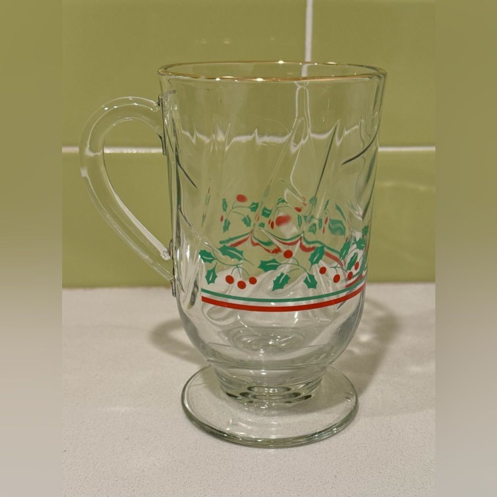 Vintage Arby’s Christmas Holly & Berries Footed Glass with Gold Trim